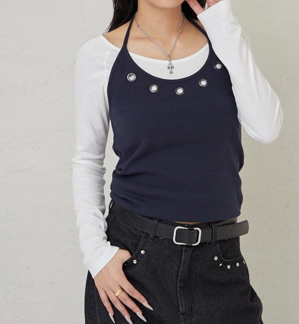  「アイレットホルターレイヤードトップス(無地/ボーダー/ドット)」|Tシャツ・カットソー|