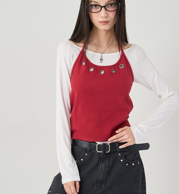  「アイレットホルターレイヤードトップス(無地/ボーダー/ドット)」|Tシャツ・カットソー|