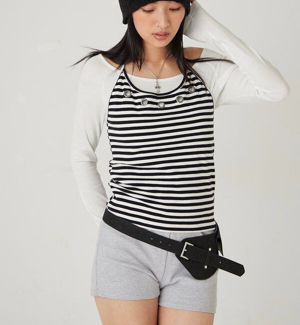  「アイレットホルターレイヤードトップス(無地/ボーダー/ドット)」|Tシャツ・カットソー|
