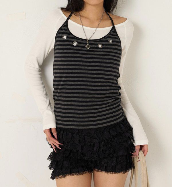  「アイレットホルターレイヤードトップス(無地/ボーダー/ドット)」|Tシャツ・カットソー|チャコールグレー