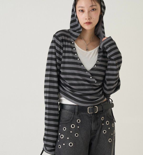  「スタッズリブカシュクールフーディ」|パーカー|