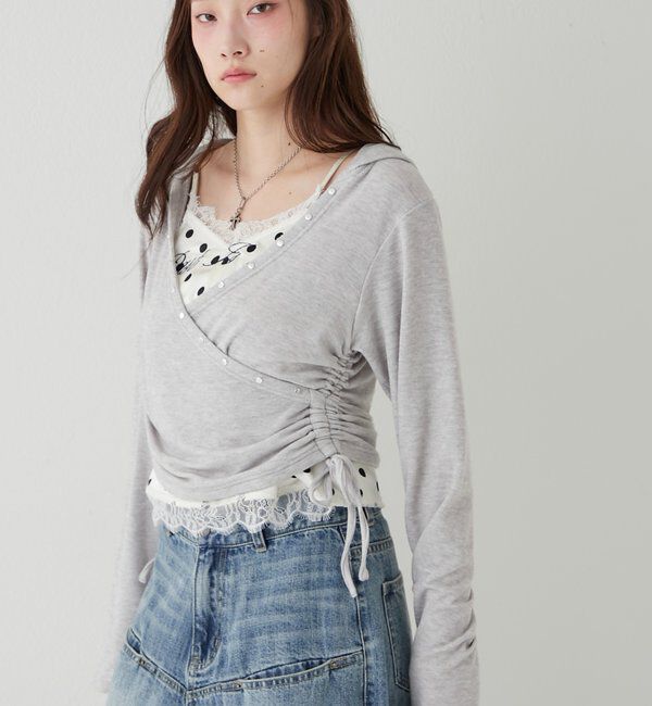 「スタッズリブカシュクールフーディ」|パーカー|グレー