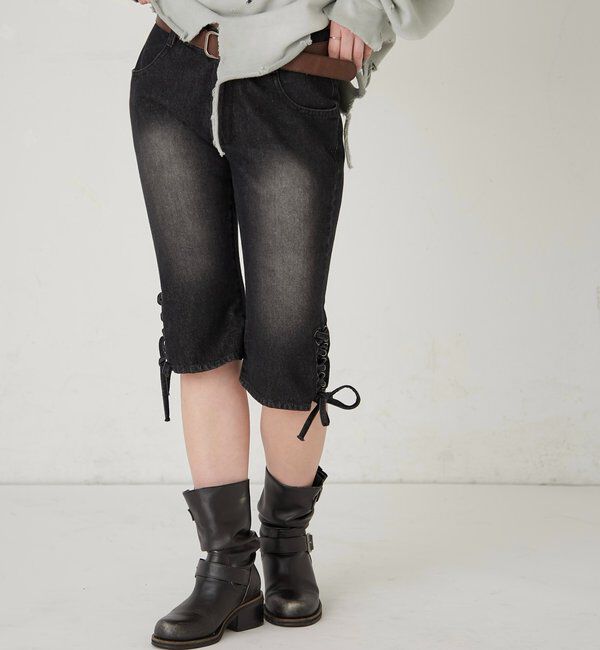  「レースアップデニムカプリパンツ」|デニム|