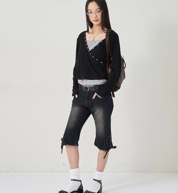  「レースアップデニムカプリパンツ」|デニム|