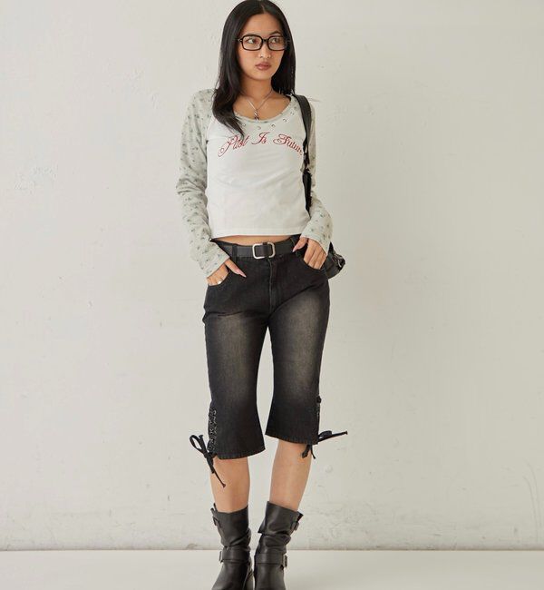  「レースアップデニムカプリパンツ」|デニム|