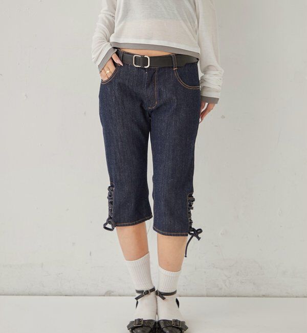  「レースアップデニムカプリパンツ」|デニム|