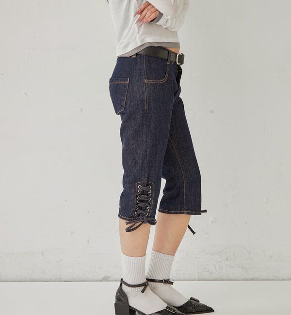  「レースアップデニムカプリパンツ」|デニム|
