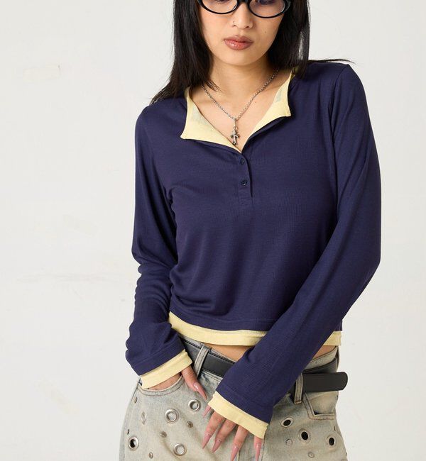  「【WEB限定カラーあり/ドット柄】レイヤードヘンリートップス」|Tシャツ・カットソー|ネイビー