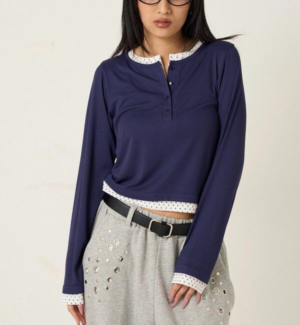  「【WEB限定カラーあり/ドット柄】レイヤードヘンリートップス」|Tシャツ・カットソー|