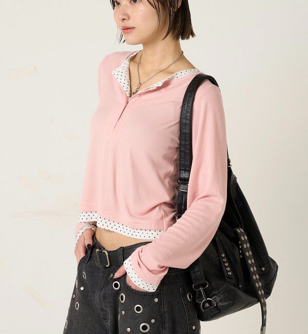  「【WEB限定カラーあり/ドット柄】レイヤードヘンリートップス」|Tシャツ・カットソー|