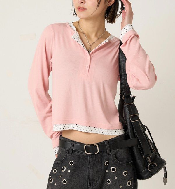  「【WEB限定カラーあり/ドット柄】レイヤードヘンリートップス」|Tシャツ・カットソー|