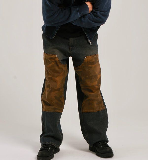  「KOOKY'Nダブルニー切り替えデニム」|デニム|ネイビー