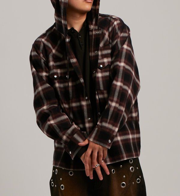  「【UNISEX】Sourcreamウエスタンオンブレチェックフードシャツ」|シャツ・ブラウス|