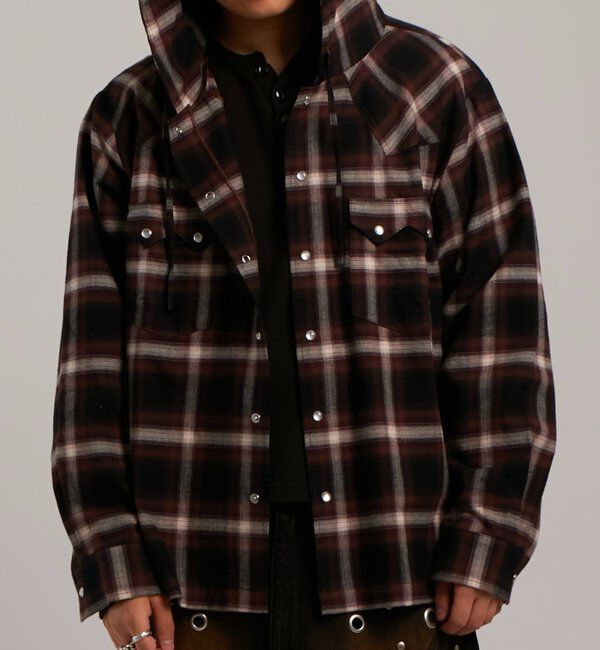  「【UNISEX】Sourcreamウエスタンオンブレチェックフードシャツ」|シャツ・ブラウス|