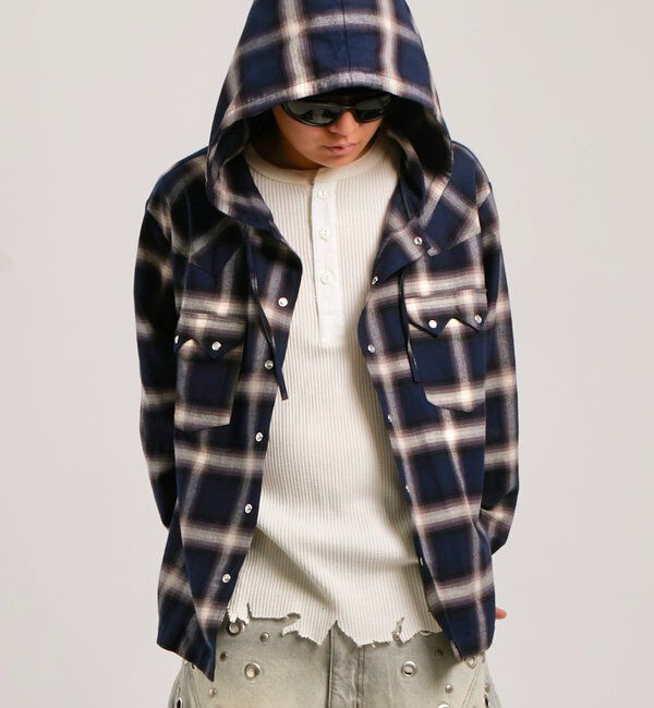  「【UNISEX】Sourcreamウエスタンオンブレチェックフードシャツ」|シャツ・ブラウス|