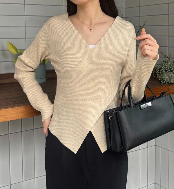  「【新色/ライトベージュ・グレー】クロスVネックニット」|ニット・セーター|