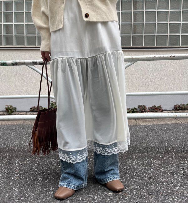  「裾レース切替サテンキャミワンピース」|ワンピース|