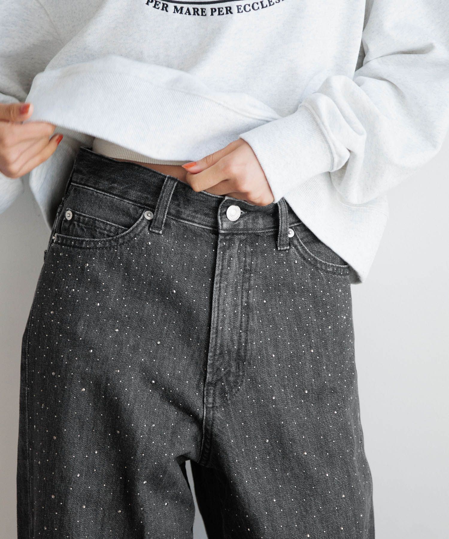 LOWRYS FARM「ビジューワイドストレートＰ」|デニム|