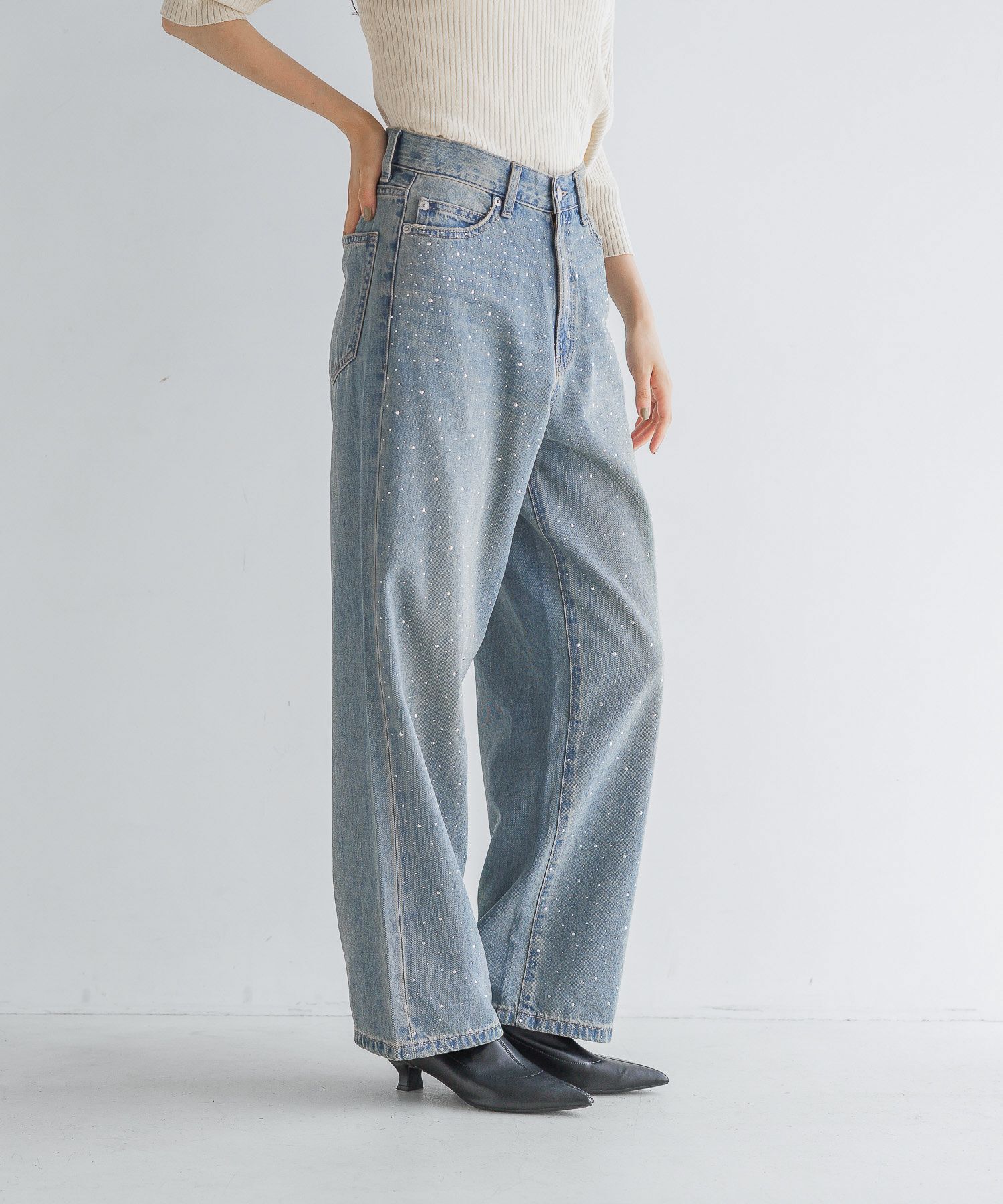 LOWRYS FARM「ビジューワイドストレートＰ」|デニム|BLU2