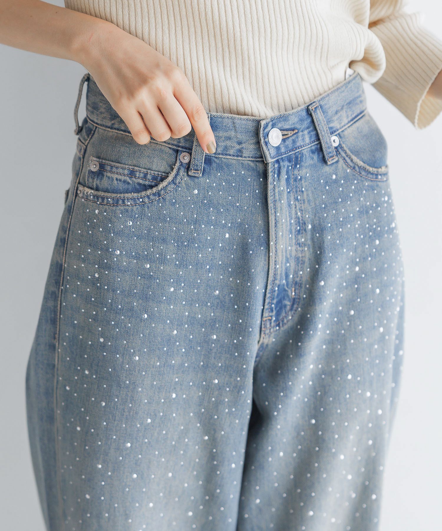 LOWRYS FARM「ビジューワイドストレートＰ」|デニム|