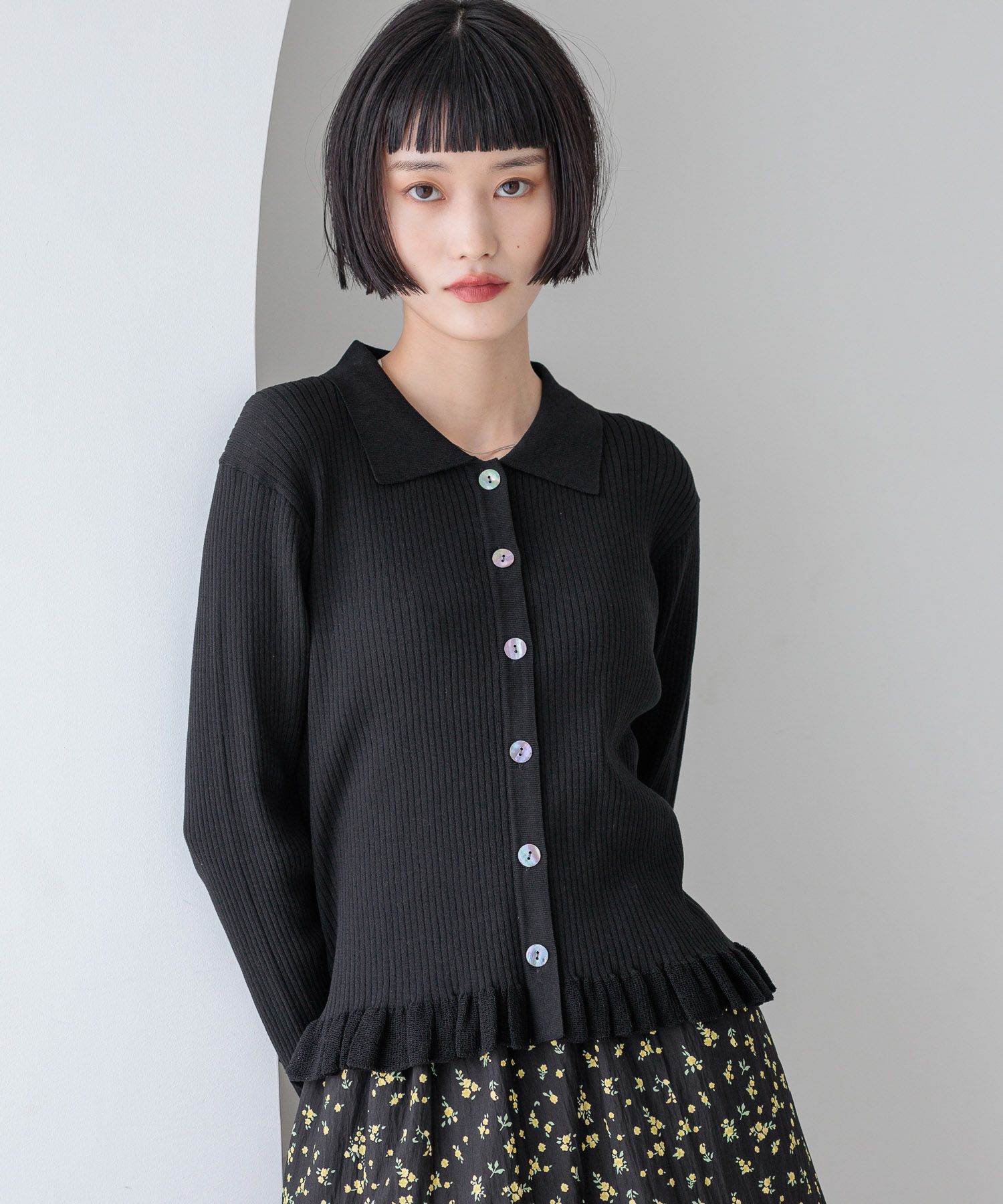 LOWRYS FARM「スソフリルカーディガンＬＳ」|ニット・セーター|BLK