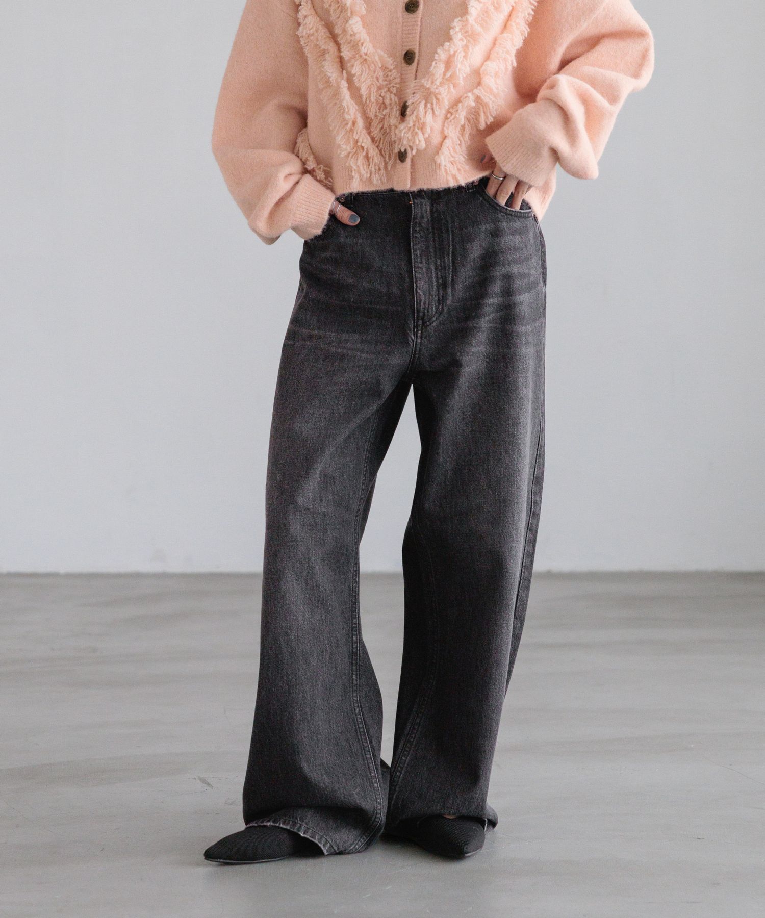 LOWRYS FARM「ワイドストレートデニムパンツ」|デニム|BLK