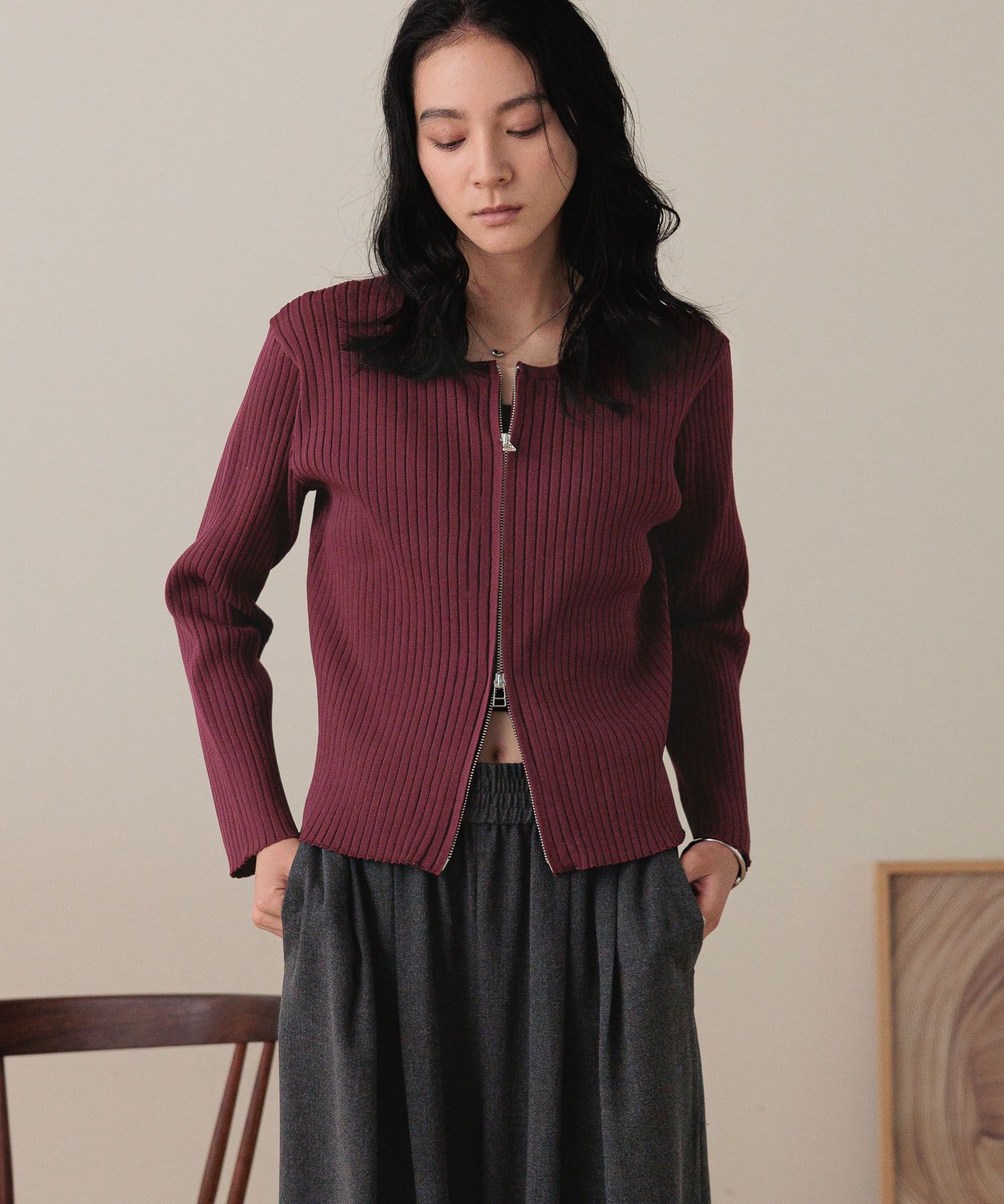 LOWRYS FARM「ＷＺＩＰリブカーディガンＬＳ」|ニット・セーター|レッド８