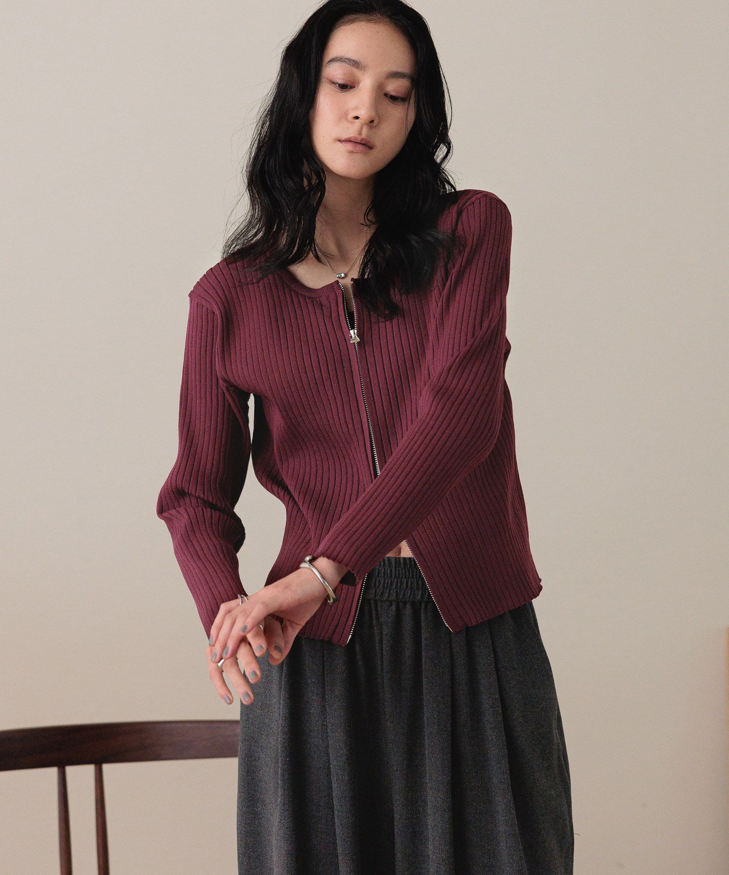 LOWRYS FARM「ＷＺＩＰリブカーディガンＬＳ」|ニット・セーター|