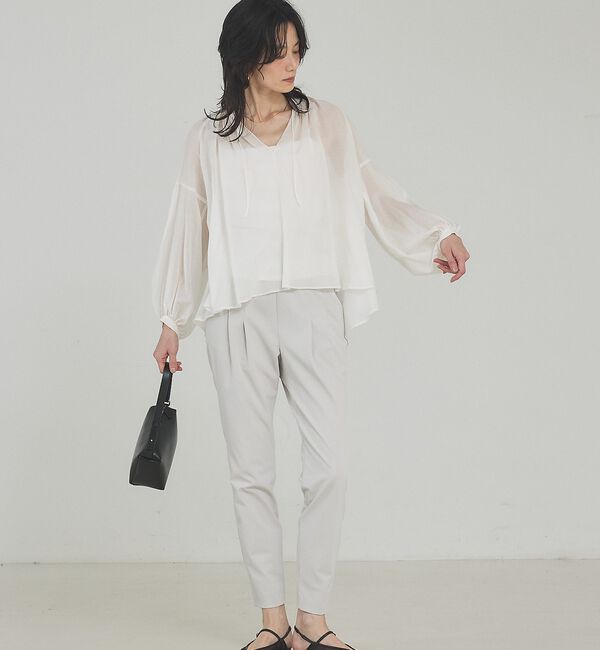 qualite「【シルク混で上品】ブライトローンボリュームシアーブラウス」|シャツ・ブラウス|