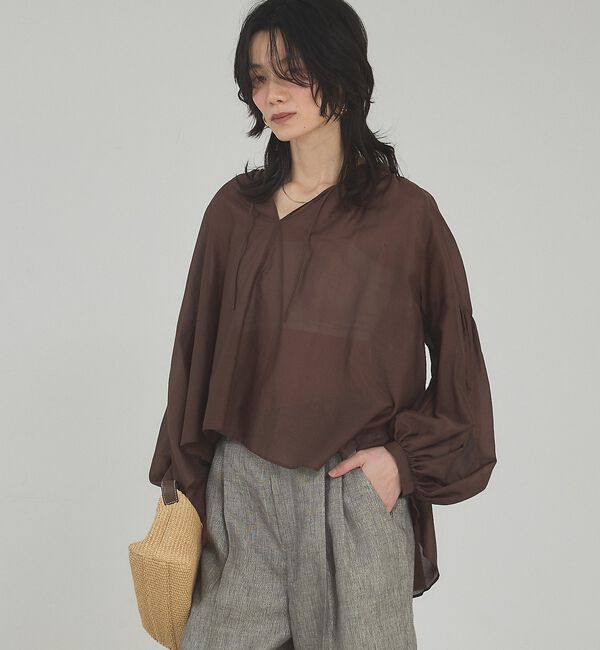 qualite「【シルク混で上品】ブライトローンボリュームシアーブラウス」|シャツ・ブラウス|