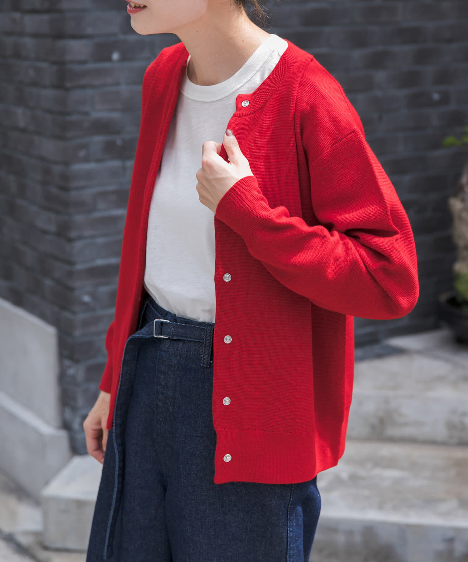 URBAN RESEARCH DOORS「FORK&SPOON　ミラノリブクルーネックカーディガン」|カーディガン|レッド