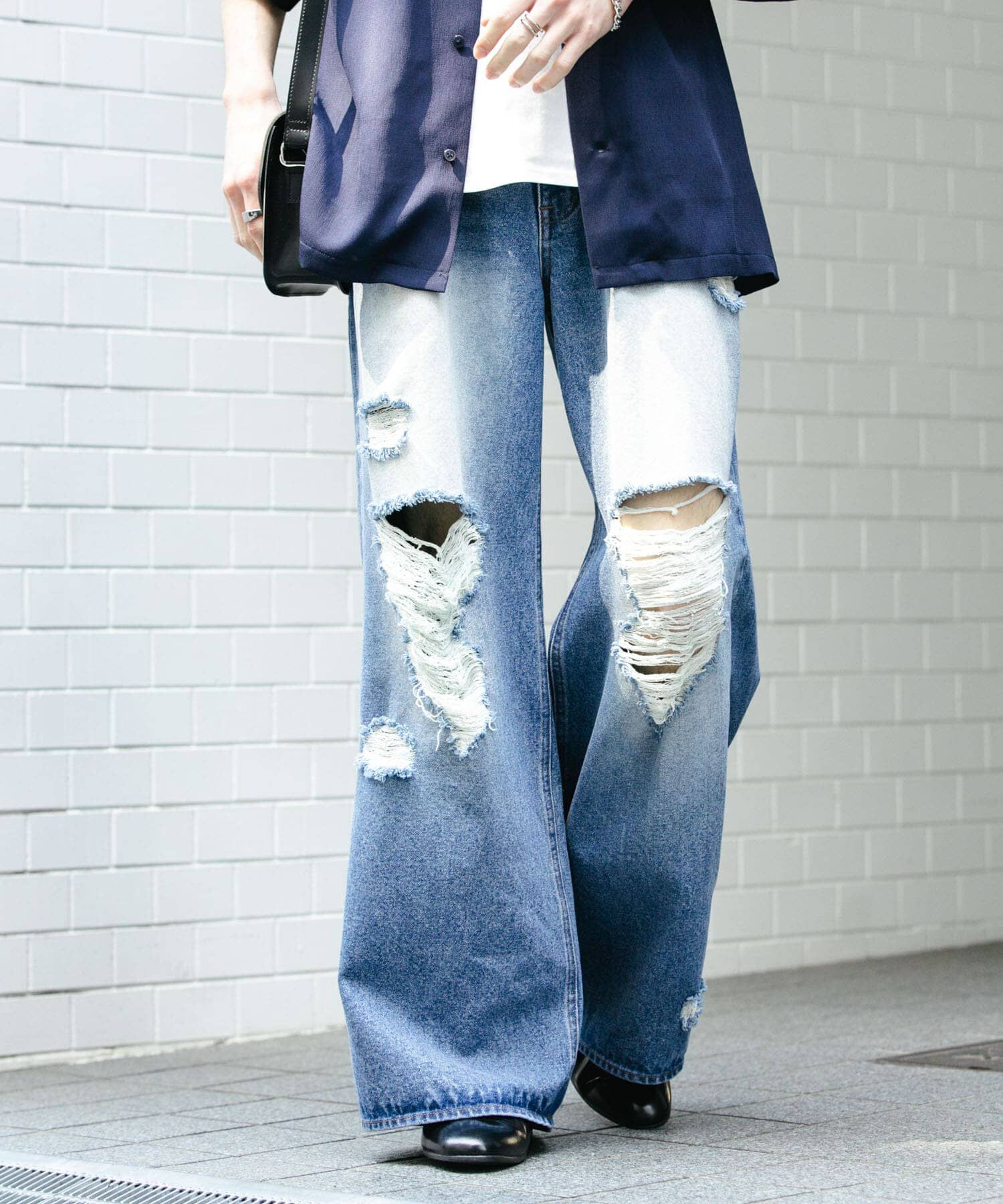 SENSE OF PLACE by URBAN RESEARCH「『ユニセックス』ダメージデニムワイドパンツ」|デニム|