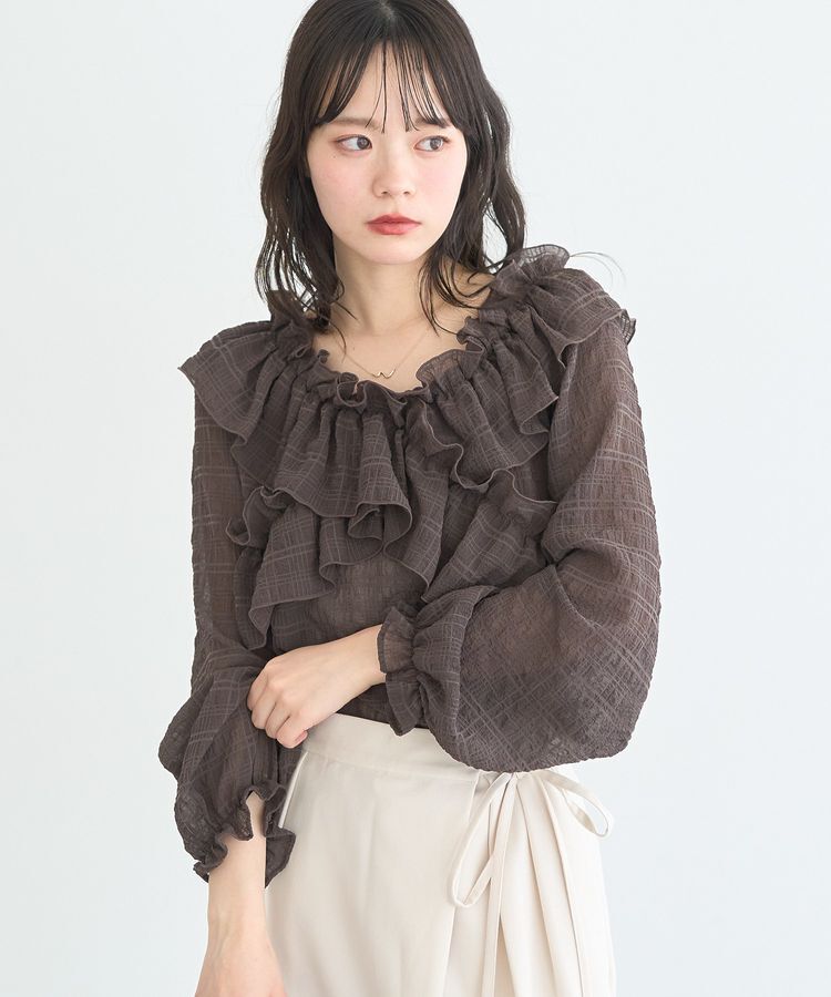 earth music&ecology「シアーチェック2wayオフショルブラウス」|シャツ・ブラウス|Brown