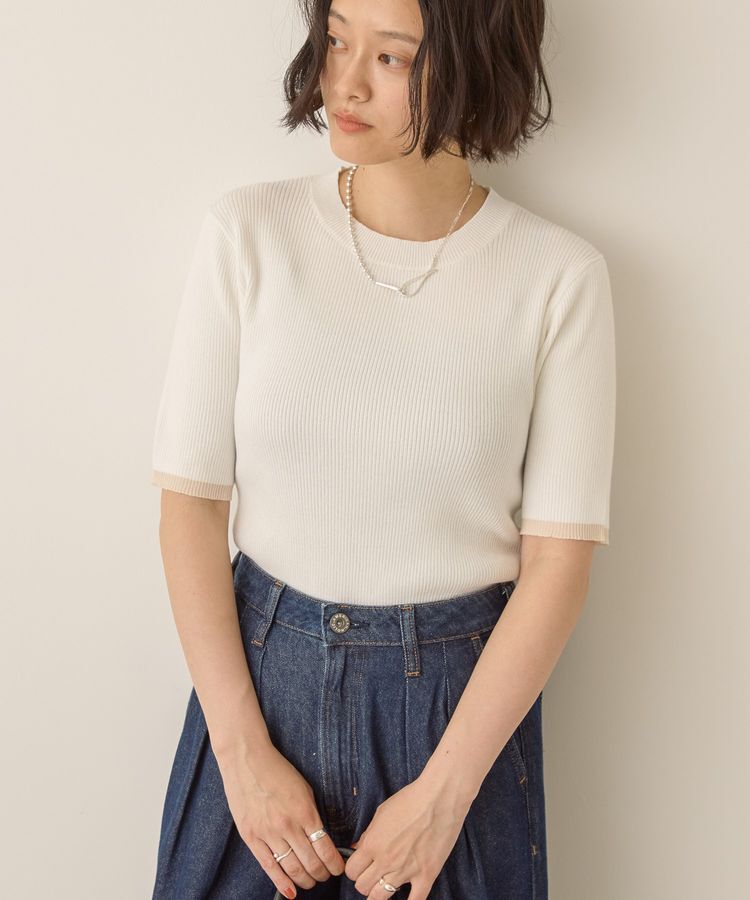 AMERICAN HOLIC「袖口バイカラー半袖ニットプルオーバー」|ニット・セーター|