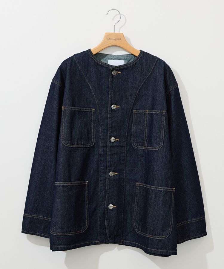 AMERICAN HOLIC「ノーカラーデニムカバーオール」|テーラードジャケット|One Wash