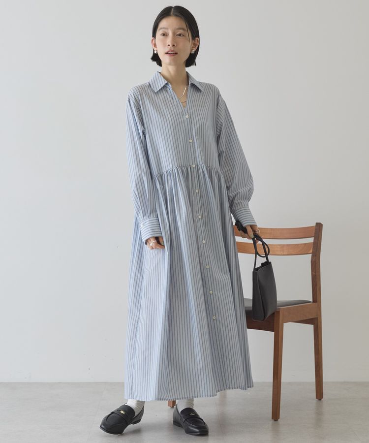 AMERICAN HOLIC「【イージーケア】ギャザーシャツワンピース」|ワンピース|ストライプサックス