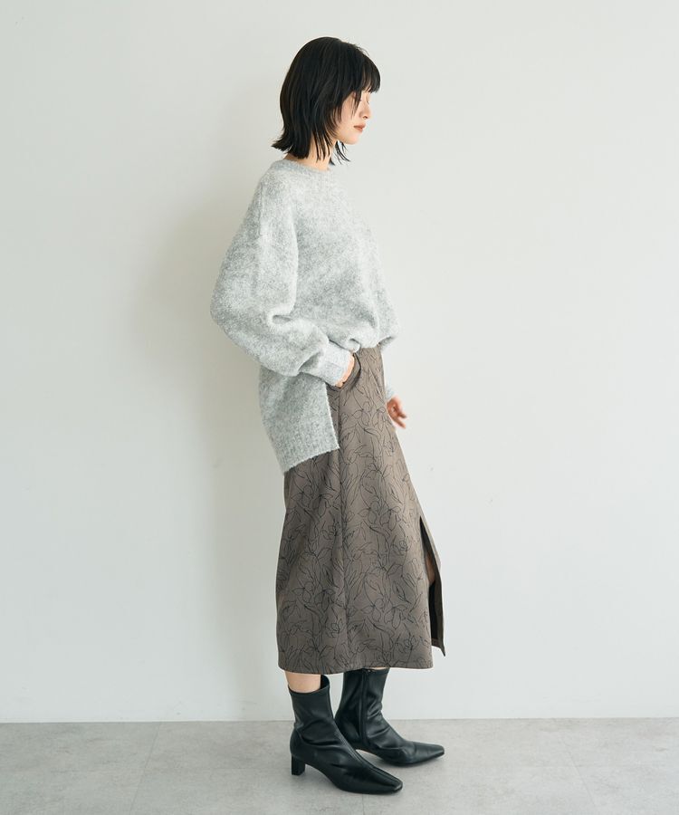 YECCA VECCA「ラインフラワー柄フェイクスエードスカート」|タイト|