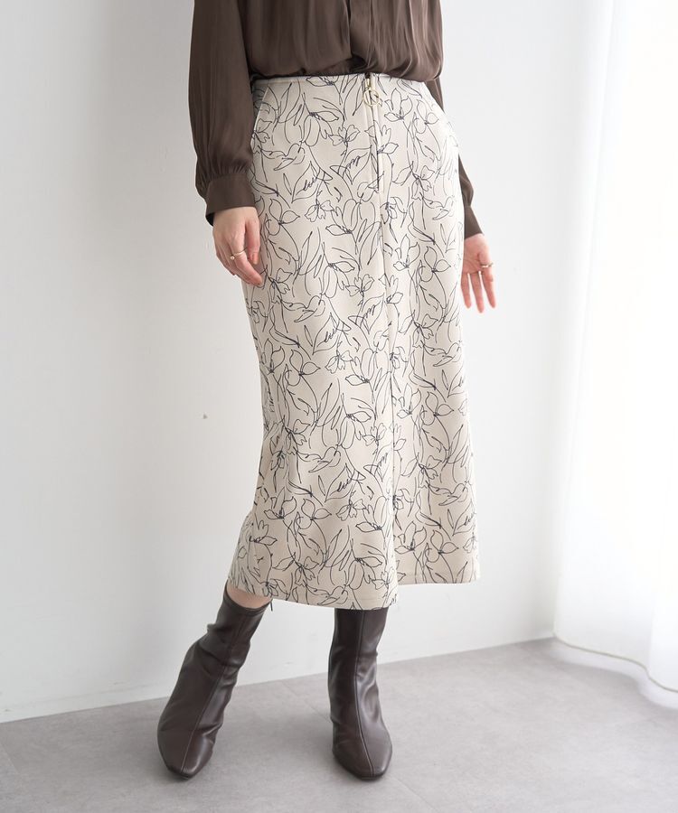YECCA VECCA「ラインフラワー柄フェイクスエードスカート」|タイト|