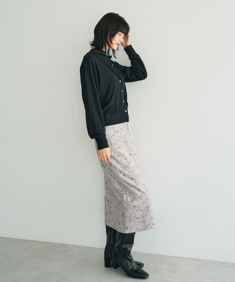YECCA VECCA「ラインフラワー柄フェイクスエードスカート」|タイト|