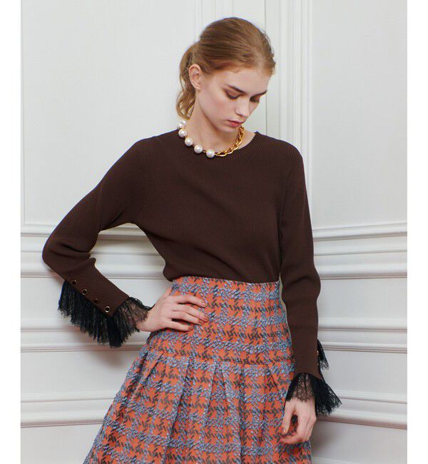 LOULOU WILLOUGHBY「【LOULOU WILLOUGHBY】スリーブヘムレースプルオーバー」|ニット・セーター|ダークブラウン