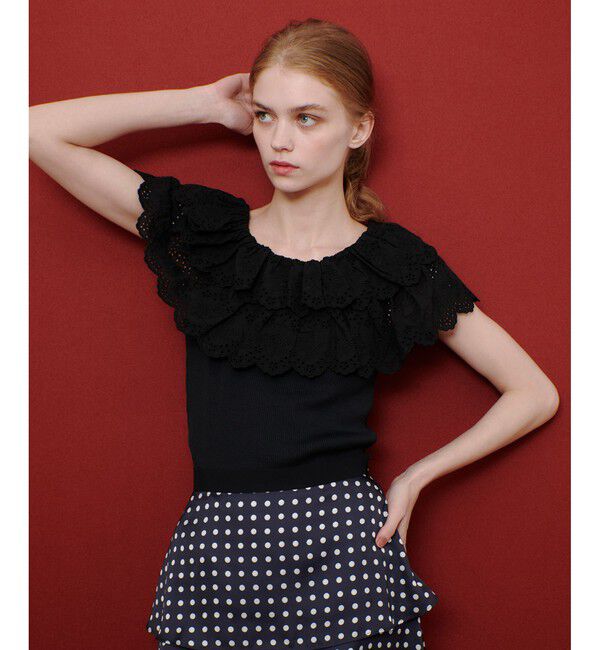 LOULOU WILLOUGHBY「【LOULOU WILLOUGHBY】レーススカラッププルオーバー」|Tシャツ・カットソー|ブラック