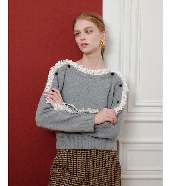 LOULOU WILLOUGHBY「【LOULOU WILLOUGHBY】ショルダーレース釦プルオーバー」|ニット・セーター|グレー