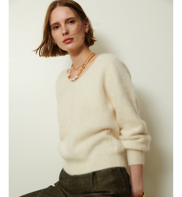 allureville「カシミヤブレンドファー加工Ｖプルオーバー」|ニット・セーター|オフホワイト