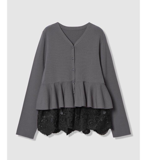 LOULOU WILLOUGHBY「【LOULOU WILLOUGHBY】レースレイヤーペプラムカーディガン」|カーディガン|グレー
