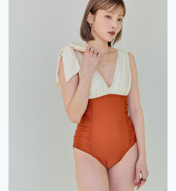 SEA DRESS「深Vネックシンプルワンピース」|ビキニ|ｵﾌﾎﾜｲﾄ/ｵﾚﾝｼﾞ