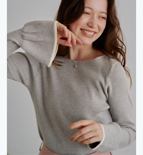 titivate「ボートネックベルスリーブニット」|ニット・セーター|グレー/オフホワイト