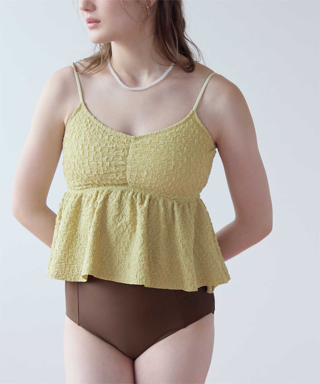 SEA DRESS「立体ジャガードペプラムフレアビキニ/水着」|ビキニ|ライム/ブラウン