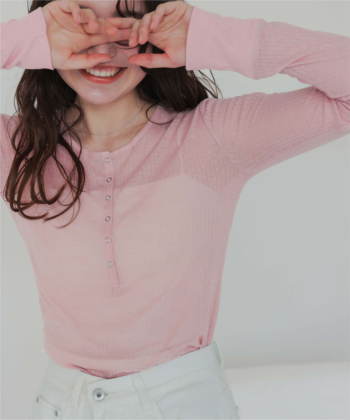 titivate「シアーテレコヘンリーネックトップス」|Tシャツ・カットソー|ピンク