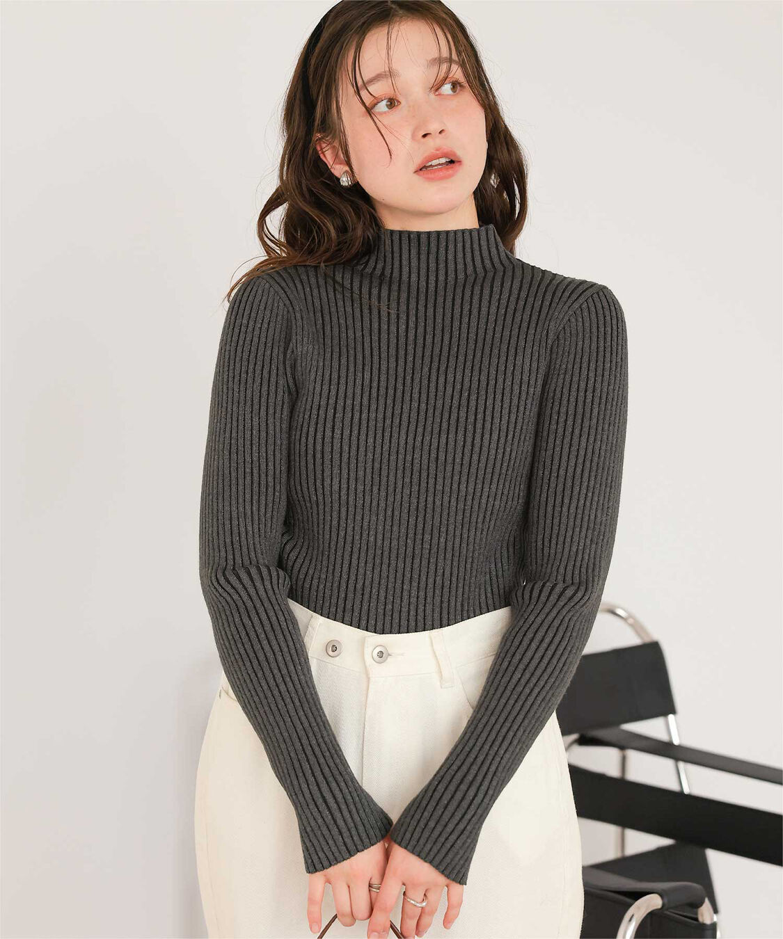 titivate「ウォッシャブルボトルネック配色デザインニット」|ニット・セーター|チャコール