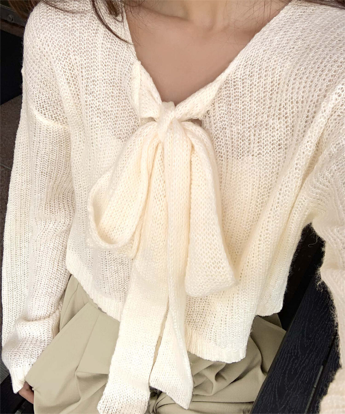 titivate「【いつきさんコラボアイテム】前後2wayリボンデザインシアーローゲージニット」|ニット・セーター|